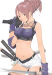  akinbo_(hyouka_fuyou) belt breasts brown_eyes brown_hair copyright_request covered_nipples earrings gloves goggles goggles_around_neck gun highres imi_uzi jewelry katana machine_pistol medium_breasts midriff navel shirt shorts solo submachine_gun sword taut_clothes taut_shirt thighhighs weapon 