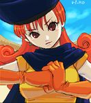 alena_(dq4) bad_id bad_pixiv_id cape day dragon_quest dragon_quest_iv earrings gloves hat jewelry lowres red_eyes red_hair ri-ko sky solo 