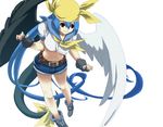  alternate_costume angel_wings asymmetrical_wings bad_id bad_pixiv_id bandana black_wings blue_hair blue_sailor_collar brown_eyes denim denim_shorts dizzy fingerless_gloves gloves guilty_gear midriff notequal ribbon sailor_collar shorts solo tail tail_ribbon wings 