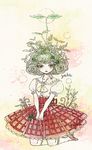  clover clover_hair_ornament dress flower four-leaf_clover four-leaf_clover_hair_ornament green_hair hair_ornament kazami_yuuka kneeling plaid plaid_dress plant_girl red_eyes short_hair short_sleeves smile solo sprout sprout_on_head takatora touhou v_arms 