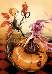  bad_id bad_pixiv_id blush branch checkered dress food food_as_clothes fruit grapes halloween looking_back miyabi_akino multiple_girls orange_hair original pumpkin purple_eyes purple_hair smile striped twintails 