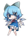  &gt;:) barefoot bloomers blue_eyes blue_hair bow chibi cirno clenched_hands hair_bow lowres neck_ribbon ribbon ringed_eyes short_hair smile solo tima touhou underwear v-shaped_eyebrows wings 