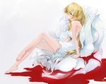  bare_legs bare_shoulders barefoot blonde_hair blood breasts cleavage dress feet green_eyes kekkai_sensen long_hair long_legs looking_at_viewer medium_breasts mossi sitting solo toe-point twintails white_(kekkai_sensen) white_dress 