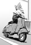  1girl animal_ears braid check_vehicle commentary_request extra_ears floating_hair from_side greyscale handlebar headlamp highres indie_virtual_youtuber knee_up long_hair looking_ahead looking_up mau-chan_(7name) monochrome motor_vehicle necktie on_scooter pantyhose railing sarina_babi scooter shirt shirt_tucked_in shoes short_sleeves sitting skirt solo tire vehicle_request vespa virtual_youtuber wheel 