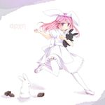  alicia_(pop'n_music) alternate_color amaimo blush bow bunny dress flat_chest full_body hair_bow long_hair mary_janes pink_eyes pink_hair player_2 pop'n_music shoes stuffed_animal stuffed_bunny stuffed_toy thighhighs white_legwear 