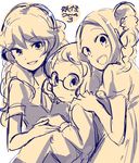  blush copyright_name frown glasses hoshikaze_kirara ishinomori_yuuka long_hair looking_at_viewer looking_back misora_inaho monochrome multiple_girls neko_ni_chikyuu open_mouth short_hair simple_background sketch sweat white_background youkai_watch youkai_watch_3 