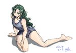  alternate_hair_length alternate_hairstyle barefoot black_lagoon breasts fabiola_iglesias green_eyes green_hair hair_down long_hair n-mori one-piece_swimsuit sitting small_breasts smile solo swimsuit toes 