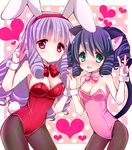  animal_ears bad_id bad_pixiv_id black_hair bow bowtie bunny_ears bunny_tail bunnysuit cat_ears chuchu_(show_by_rock!!) cyan_(show_by_rock!!) detached_collar drill_hair green_eyes kittysuit long_hair momichika multiple_girls pantyhose purple_hair red_eyes show_by_rock!! tail wrist_cuffs 