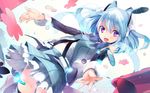 1girl animal_ears blue_hair cat_ears coin cowboy_shot detached_sleeves highres oizumi outstretched_arms purple_eyes short_hair skirt solo symbol-shaped_pupils taira_tsukune two_side_up 