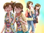  :d ^_^ age_difference alternate_hairstyle brown_eyes brown_hair closed_eyes commentary futami_ami futami_mami hair_down idolmaster idolmaster_(classic) lieass long_hair multiple_girls open_mouth short_hair siblings side_ponytail smile twins 