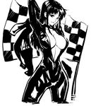  arm_up biker_clothes bikesuit bodysuit breasts catsuit center_opening checkered checkered_flag choker cleavage cropped_legs flag greyscale katsuragi_misato large_breasts long_hair looking_at_viewer mikazuki_shigure monochrome neon_genesis_evangelion no_bra sketch solo unzipped 