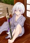  bad_id bad_pixiv_id highres honebami_toushirou japanese_clothes kimono male_focus parted_lips purple_eyes rizzl sitting solo sword touken_ranbu wakizashi weapon white_hair 