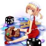  ankle_socks ascot blonde_hair blood blood_on_face button_eyes checkered checkered_floor crystal dice flandre_scarlet gradient_eyes hat hat_ribbon head_tilt highres ladder legs_apart looking_at_viewer mary_janes mob_cap multicolored multicolored_eyes no_wings on_floor ribbon sharp_teeth shoes short_sleeves shounen_(hogehoge) side_ponytail sitting skirt skirt_set smile solo stuffed_animal stuffed_bunny stuffed_toy teeth touhou 
