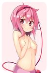  blush border breasts character_name covering covering_breasts dated eyeball hairband jpeg_artifacts komeiji_satori looking_at_viewer navel ominaeshi_(takenoko) pink_background pink_hair pink_skirt short_hair simple_background skirt small_breasts solo string third_eye topless touhou 