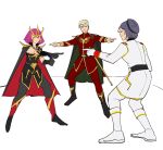  1girl 2boys blue_eyes cape char&#039;s_counterattack char_aznable gundam gundam_zz haman_karn highres long_sleeves marvel meme military military_uniform multiple_boys nemmokar neo_zeon paptimus_scirocco pink_hair pointing pointing_spider-man_(meme) purple_eyes purple_hair short_hair simple_background smile spider-man_(series) zeon zeta_gundam 