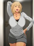  1girl arms_up blonde_hair breasts character_request cleavage curvy door earrings fishnets hand_on_hip highres hime_cut huge_breasts jewelry legs looking_at_viewer milf mole open_mouth pink_eyes short_hair shorts solo standing thighs tsubooi wristwatch 