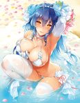  :q ahoge arm_up armpits bikini blue_hair blush breasts choker cleavage elbow_gloves flower gloves hair_between_eyes hair_flower hair_ornament highres lace lace-trimmed_gloves lace-trimmed_thighhighs large_breasts leg_up long_hair looking_at_viewer naughty_face orange_eyes original pyon-kichi skindentation smile solo string_bikini swimsuit thighhighs tongue tongue_out wet white_bikini white_gloves white_legwear 