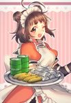  2_fuel_4_ammo_11_steel ;d ammunition antenna_hair apron brown_eyes brown_hair double_bun drum_(container) gloves kantai_collection maid_headdress metal naka_(kantai_collection) one_eye_closed open_mouth poroi_(poro586) short_hair smile solo tray 