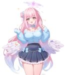  1girl absurdres alternate_costume angel_wings artist_name blue_archive blue_bow blue_choker blue_scrunchie blue_shirt blue_skirt bow bow_on_wing breasts casual choker commentary earrings feathered_wings fingernails flying_sweatdrops frilled_choker frills gradient_hair hair_bun hair_ornament hair_ribbon hair_scrunchie halo high-waist_skirt highres jewelry large_breasts long_hair long_sleeves looking_at_viewer low_wings mika_(blue_archive) multicolored_hair nail_polish off-shoulder_shirt off_shoulder open_mouth pink_hair pink_halo pink_nails purple_bow ribbon scrunchie shirt simple_background single_side_bun skirt sleeves_past_wrists smile solo taiyaki12 twitter_username white_background white_ribbon white_shirt white_wings wings yellow_eyes 