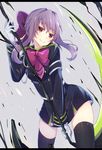  bad_id bad_pixiv_id brown_eyes hiiragi_shinoa long_hair owari_no_seraph purple_hair ribbon school_uniform scythe skirt smile solo sxupxdxxy 