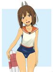  bare_legs bare_shoulders brown_eyes brown_hair coelacanth_(gyotaku) collarbone dark_skin hair_ornament high_ponytail i-401_(kantai_collection) kantai_collection lifebuoy looking_at_viewer open_mouth ponytail sailor_collar school_swimsuit solo swimsuit swimsuit_under_clothes 
