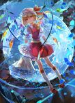  blonde_hair blue_flower blue_rose bouquet dutch_angle flandre_scarlet flower full_body full_moon hat highres moon petals red_eyes rose short_hair side_ponytail solo touhou vima wings 