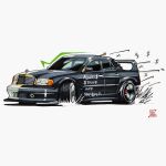  2022 absurdres car drifting english_commentary grey_background highres ink_(medium) ish_babaria mercedes-benz mercedes-benz_190e motor_vehicle need_for_speed need_for_speed_unbound shadow simple_background spoiler_(automobile) traditional_media vehicle_focus 