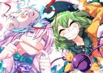  blush bow bowtie closed_eyes eyeball green_hair grin hat hata_no_kokoro hokuto_(scichil) komeiji_koishi long_hair long_sleeves looking_at_viewer mask mouth_pull multiple_girls noh_mask open_mouth pink_eyes pink_hair plaid plaid_shirt shirt short_hair smile string third_eye touhou upper_body 