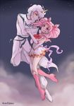  1girl arisa_chibara artist_name bishoujo_senshi_sailor_moon boots chibi_usa cloud double_bun drill_hair earrings frilled_skirt frills hair_ornament hand_on_another's_chin helios_(sailor_moon) high_heel_boots high_heels horn jewelry knee_boots miniskirt multicolored multicolored_clothes multicolored_skirt pink_footwear pink_hair pink_sailor_collar ribbon robe sailor_chibi_moon sailor_collar sailor_senshi_uniform skirt sky star_(sky) starry_sky super_sailor_chibi_moon twin_drills white_hair yellow_eyes 