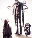  2girls blue_eyes blue_hair commentary faceless formal hijiri_byakuren hood koto_inari kumoi_ichirin long_hair multiple_girls short_hair slender_man suit tentacles touhou urban_legend 