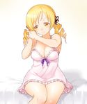  adjusting_hair blonde_hair breasts cleavage drill_hair large_breasts lingerie mahou_shoujo_madoka_magica negligee onsoku_maru sitting smile solo thighs tomoe_mami twin_drills twintails underwear 