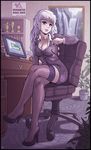  black_legwear breasts business_suit cleavage crossed_legs felarya formal glasses high_heels highres karbo large_breasts legs long_hair purple_eyes silver_hair solitaire solo suit thighhighs vivian_(karbo) zettai_ryouiki 