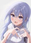  1girl 4-finger_heart_hands absurdres blue_hair blush grey_shirt heart heart_hands highres idolmaster idolmaster_shiny_colors long_hair looking_ahead miyuki_kotori purple_eyes shirt simple_background smile solo straight_hair suzuki_hana sweater_vest upper_body very_long_hair white_background white_sweater_vest 