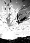  cloud cloudy_sky comic flying_sweatdrops greyscale im_(badmasa) monochrome page_number silhouette sky solo touhou water wings 