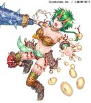  animal_print aqua_eyes armlet blush boots braid breasts cleavage club company_name copyright_name fake_horns full_body fur_trim green_hair jewelry kanabou komase_(jkp423) large_breasts loincloth magatama mamemaki navel necklace oni oni_horns open_mouth print_legwear sangoku_infinity setsubun simple_background single_braid single_thighhigh solo thighhighs tiger_print weapon white_background zhao_yun_(sangoku_infinity) 