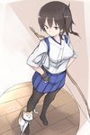  bell bell_collar bow_(weapon) brown_eyes brown_hair cat collar gloves highres japanese_clothes kaga_(kantai_collection) kantai_collection mku side_ponytail sketch solo thighhighs weapon 