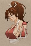  breasts brown_eyes brown_hair closed_fan fan folding_fan large_breasts light_smile lips long_hair nose ponytail revealing_clothes rope sash shimenawa shiranui_mai sideboob solo the_king_of_fighters upper_body whistle_frog 