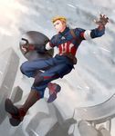  akatsuki_sora avengers avengers:_age_of_ultron blonde_hair boots captain_america male_focus marvel shield solo steve_rogers superhero 