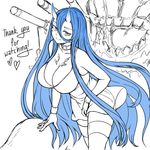  battleship_hime blue_eyes blue_hair breasts cannon cleavage collar dress horns kantai_collection large_breasts long_hair monster oni_horns pas_(paxiti) shinkaisei-kan short_dress smile solo spot_color thank_you very_long_hair 
