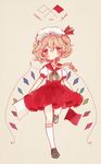  blonde_hair blush dress english flag flandre_scarlet hair_ornament hat highres kneehighs red_eyes ribbon sailor_dress short_hair side_ponytail simple_background solo touhou white_legwear wings yujup 