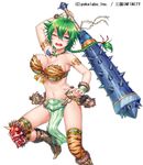  animal_print aqua_eyes armlet boots breasts cleavage club company_name copyright_name fake_horns fur_trim green_hair jewelry kanabou komase_(jkp423) large_breasts loincloth magatama navel necklace one_eye_closed oni oni_horns print_legwear sangoku_infinity setsubun simple_background single_thighhigh solo thighhighs tiger_print wavy_mouth weapon white_background wrist_cuffs zhao_yun_(sangoku_infinity) 