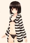  akemiho_tabi_nikki bangs bikini black_hair blunt_bangs fukube_tamaki hood hoodie kouno_hikaru navel open_clothes open_hoodie red_eyes short_hair simple_background solo striped striped_hoodie swimsuit 