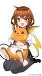  black_legwear blush brown_eyes brown_hair crossover dated fang full_body gen_1_pokemon hair_ornament hairclip highres hug ikazuchi_(kantai_collection) image_sample kantai_collection kuro_chairo_no_neko miniskirt namesake open_mouth pleated_skirt pokemon pokemon_(creature) pun raichu school_uniform seiza serafuku short_hair sitting skirt thighhighs twitter_sample twitter_username white_background 