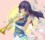  band_uniform black_hair blue_skirt croic gloves hibike!_euphonium holding holding_instrument instrument kousaka_reina long_hair looking_to_the_side pink_background purple_eyes skirt solo standing trumpet white_gloves 