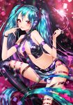  aile_(crossroads) aqua_hair blush breasts buckle dark_persona demon_tail finger_to_mouth glint hatsune_miku headphones heart large_breasts long_hair looking_at_viewer midriff necktie purple_neckwear red_eyes shiny shiny_clothes skirt smile solo sweet_devil_(vocaloid) tail thigh_strap twintails very_long_hair vocaloid 
