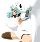  1girl absurdres aqua_hair arrancar ass bleach breasts brown_eyes female green_hair highres large_breasts long_hair looking_at_viewer nelliel_tu_odelschwanck skull solo stiky_finkaz sword thighhighs thighs turquoise_hair wavy_hair white_background 
