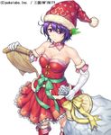  bare_shoulders boots breasts christmas cleavage company_name copyright_name detached_collar dress elbow_gloves frilled_dress frills fur_trim gloves green_ribbon hair_ornament han_sui_(sangoku_infinity) hat holly_hair_ornament komase_(jkp423) medium_breasts print_hat purple_eyes purple_hair red_dress ribbon sack sangoku_infinity santa_costume santa_hat scroll short_hair simple_background solo star star_print thigh_boots thighhighs white_background white_gloves 