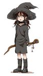  boots brown_eyes brown_hair earrings full_body hat highres jewelry low_twintails open_mouth original simple_background solo staff standing twintails white_background witch witch_hat yamamoto_souichirou 