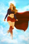  blonde_hair blue_eyes blue_sky boots cape clenched_hand cloud curvy dc_comics earrings eddie_holly fingerless_gloves gloves high_heel_boots high_heels jewelry kryptonian lips lipstick long_hair makeup midair midriff miniskirt navel red_cape red_lipstick red_shoes skirt sky sun supergirl superman_(series) thigh_boots 