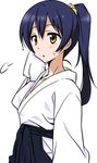  1girl alternate_hairstyle blue_hair long_hair love_live!_school_idol_project lowres marugoshi_teppei miko solo sonoda_umi sweat yellow_eyes 